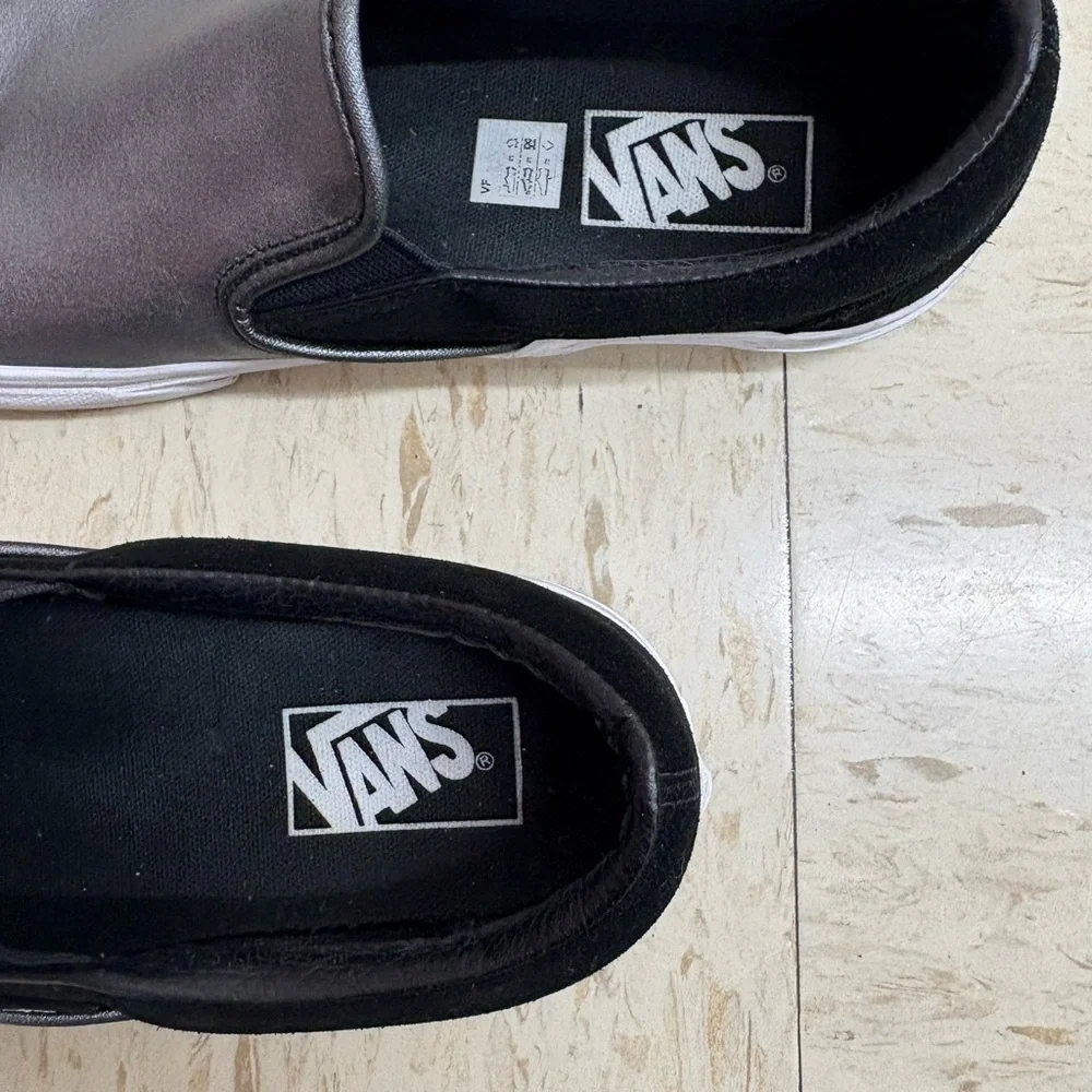 Vans Metallic Silver and Black Slip-Ons. SIZE  8.5